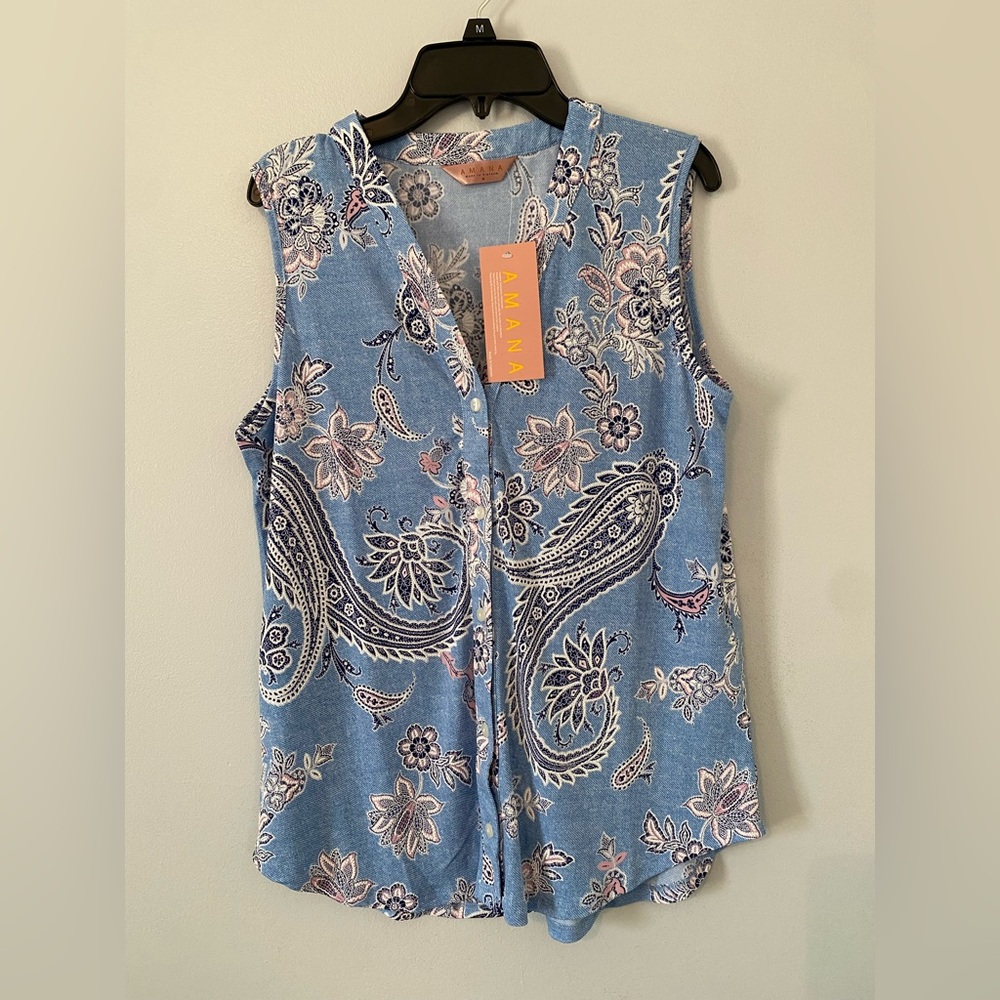 Amana Blue Paisley Sleeveless Top size Medium